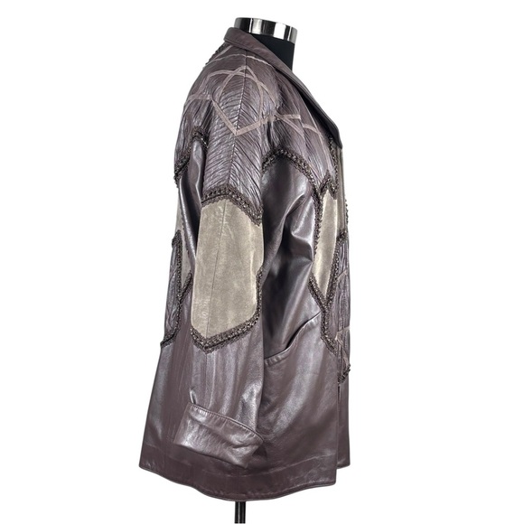 VINTAGE 80S LEATHER WOOL PATCHWORK ABSTRACT TAUPE TAN STATEMENT JACKET NORMA - Picture 7 of 15